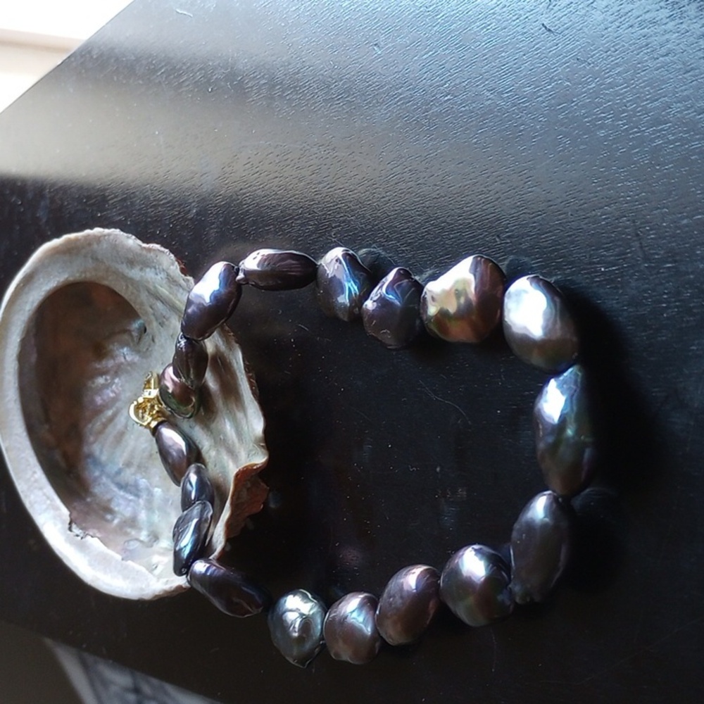 RAINBOW / BLACK BAROQUE / NATURAL SOUTH SEA SHELL, EDISON PEARL NECKLACE: 18" L